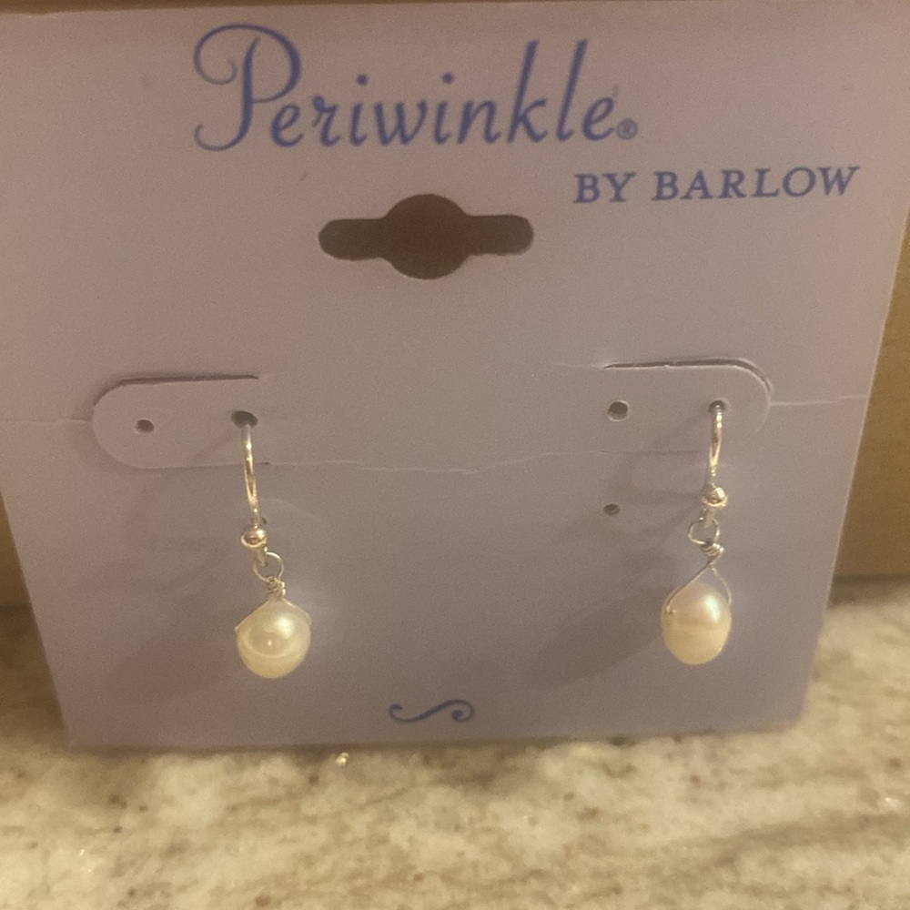 Silvertone and faux pearl hanging earrings. Hook back. NWT